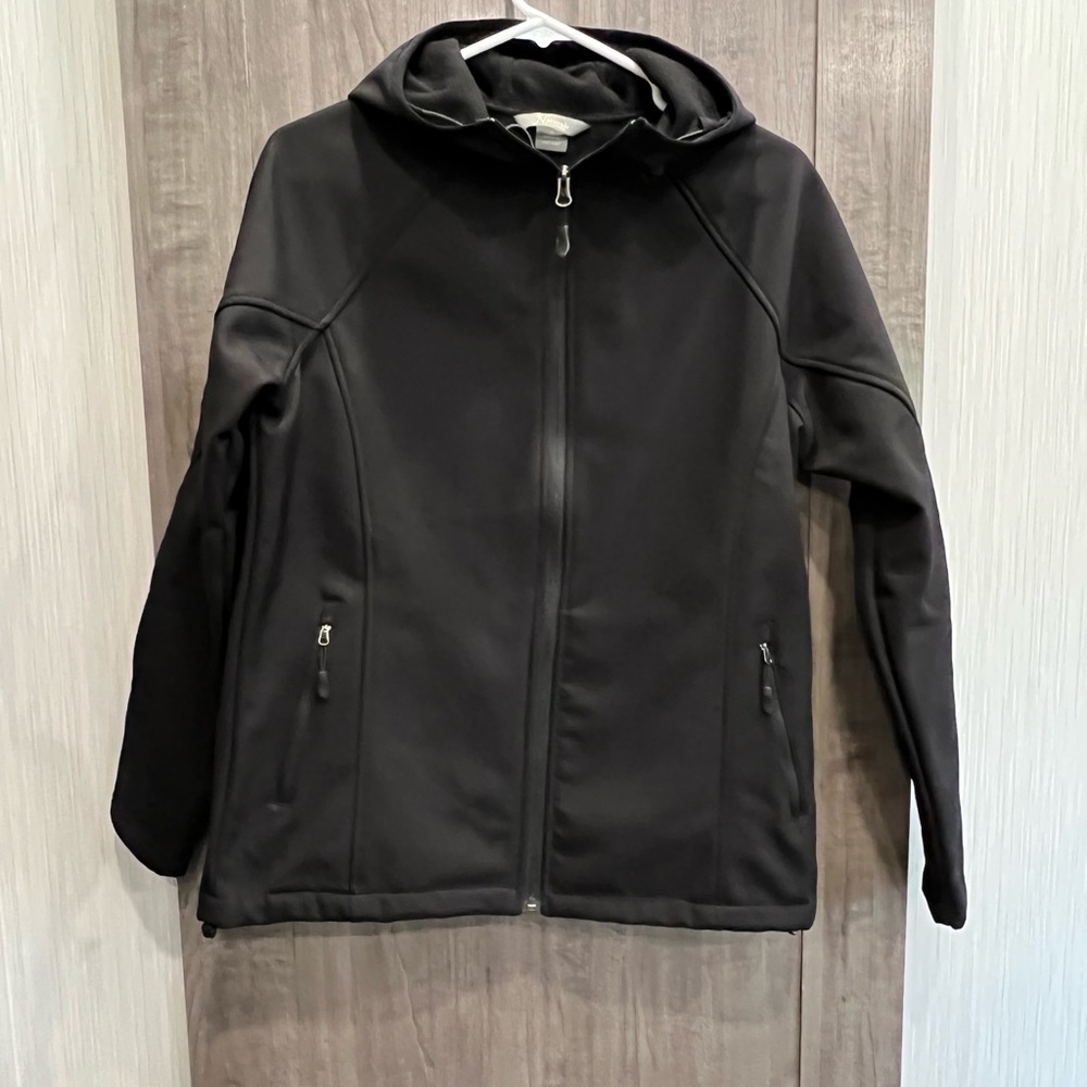 Womens black lightweight coat/jacket. Nice water resistant material.